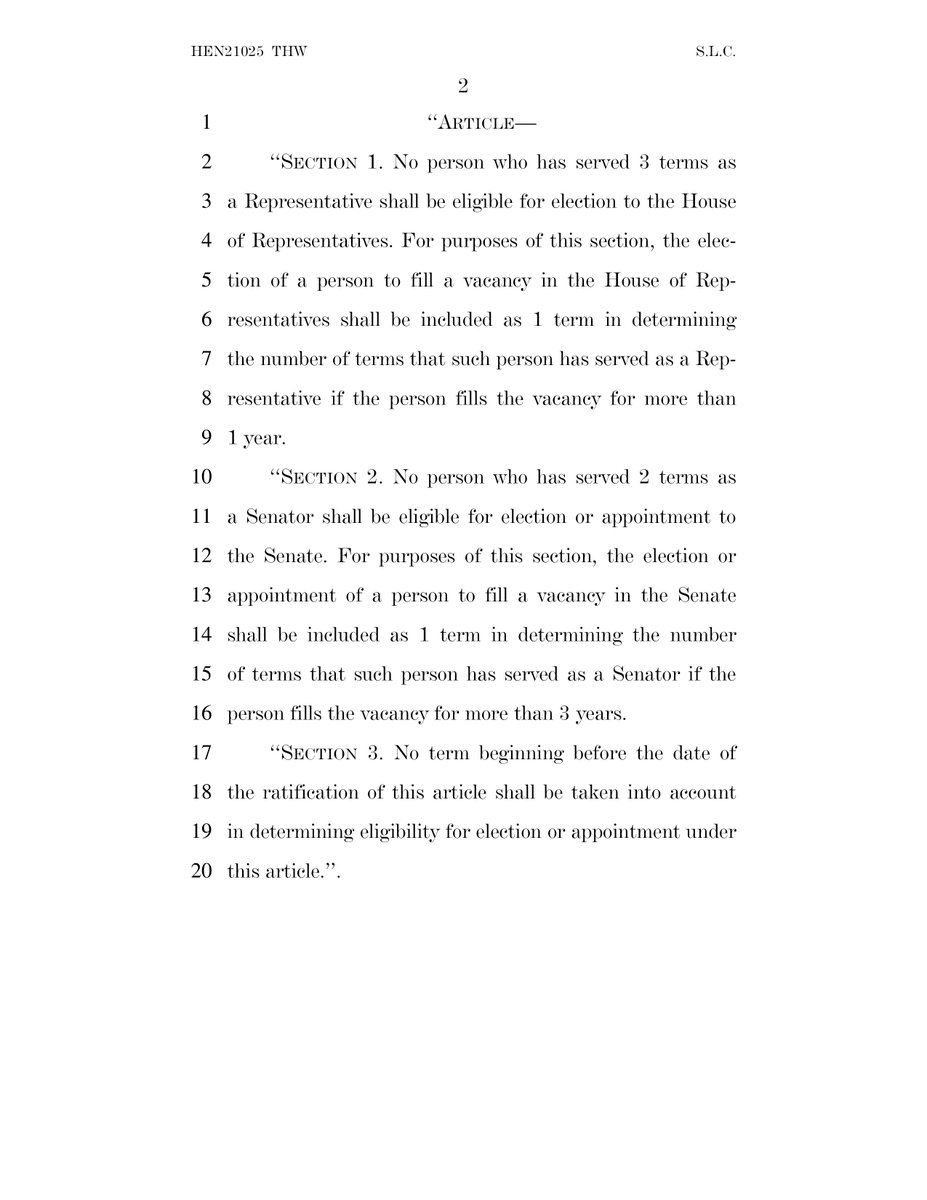 Today my colleagues and I reintroduced a constitutional amendment to impose #TermLimits on Members of Congress. The amendment would limit U.S. senators to two six-year terms and members of the U.S. House of Representatives to three two-year terms.