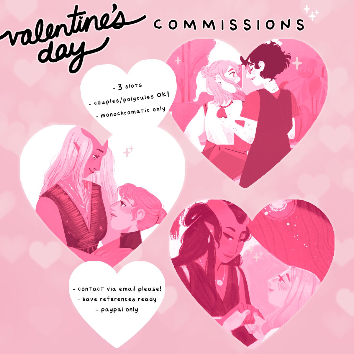 ?VALENTINE'S DAY COMMISSIONS?
opening slots a little ahead of time for valentine's day! details in the image (price is quoted per comm), link to contact form in replies! (1/2) 
