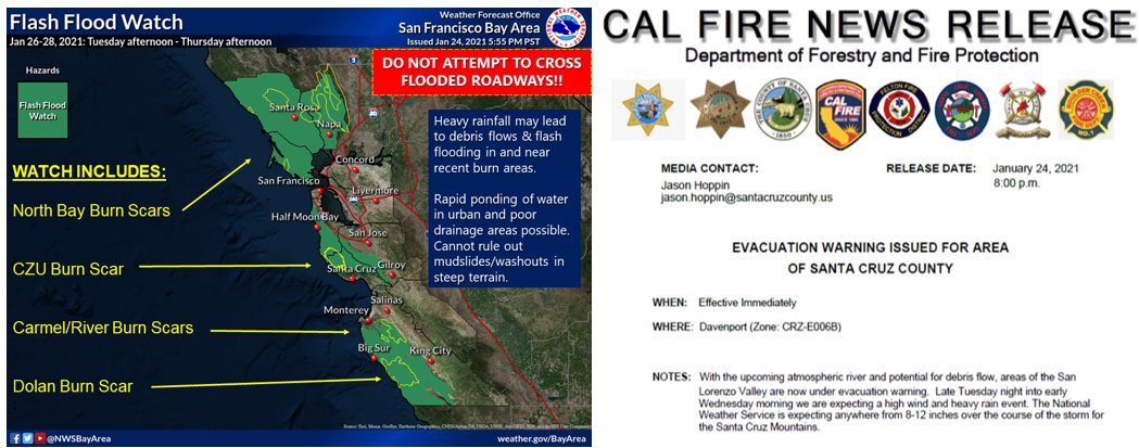 Hi-res models are suggesting the potential for short duration high-intensity precip which can cause debris flows on recent burn scars. While most models suggest a narrow cold frontal rainband, there is large uncertainty around timing and strength.