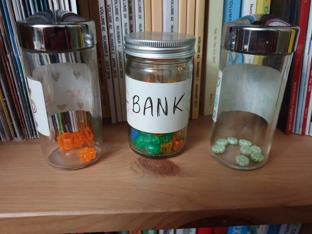 For each completed chore on their daily chore chart, they earn a bead. 1 bead = 5 minutes of gaming, and they can 'spend' max equivalent of 30 minutes on a weekday, and 60 minutes on weekends. You’d be surprised how quickly my youngest learned multiples of 5!