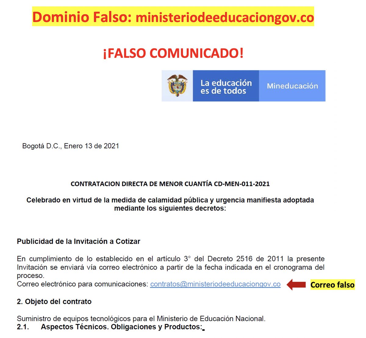 colCERT's tweet photo. ¡Alerta! ¡OJO! Ciberdelincuentes están utilizando un dominio recientemente creado para suplantar al @Mineducacion  donde están solicitando cotizaciónes a nombre de la entidad, "recomendamos siempre validar el dominio oficial de la entidad de gobierno" @CaiVirtual @FiscaliaCol https://t.co/MyosrCPp1s