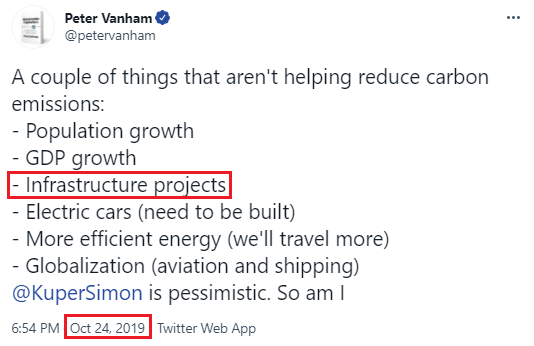 Peter Vanham, co-author of Stakeholder Capitalism w/ Schwab, has blocked me. Too bad, as there are things we agree on, one being infrastructure at scale, a major contributor to emissions. The irony is that the  #greatreset calls for a doubling of global  #infrastructure by 2040.