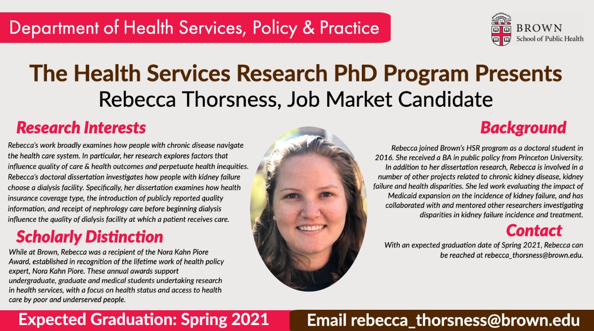 Faculty recruiters: need a high-caliber hire? Look no further than our #HSR Program PhD candidates. 

Introducing for your consideration PhD candidate Rebecca Thorsness. 

Share widely.

brown.edu/academics/publ… <a href="/Brown_SPH/">Brown University School of Public Health</a> @BeccaThorsness @amal_trivedi <a href="/BrownGero/">BrownGerontology</a>