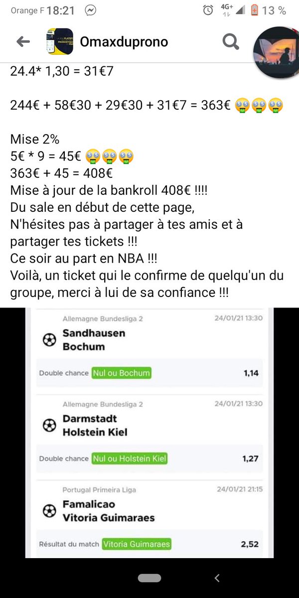 MaximeBonillo's tweet photo. Salut tous le monde ! désolé je suis plus sur Facebook en ce moment ça suit encore plus que ici et ça a encaissé sale au foot ce weekend ! 
Passage de la bankroll de 248€ à 380€ 🤑🤑🤑🤑
N'hésites pas à nous rejoindre ! 
#TeamOM #pronos #Pronostico #FootballBets #NBA https://t.co/spuHIhlZK2