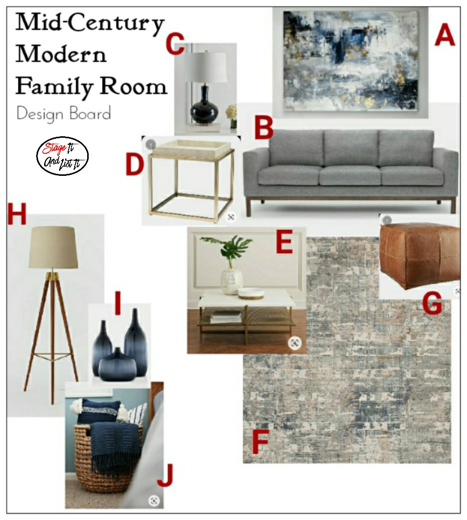 StageItAndList's tweet image. #InteriorDesign #DesignBoards Navy with touches of gold, grey and tan was the colour palette in mind with a Mid-Century Modern feel. Do you need design inspiration? CALL us about our Design Packages, Stage It And List It Inc., (905) 925-6950. #interiordesign 
#designboard