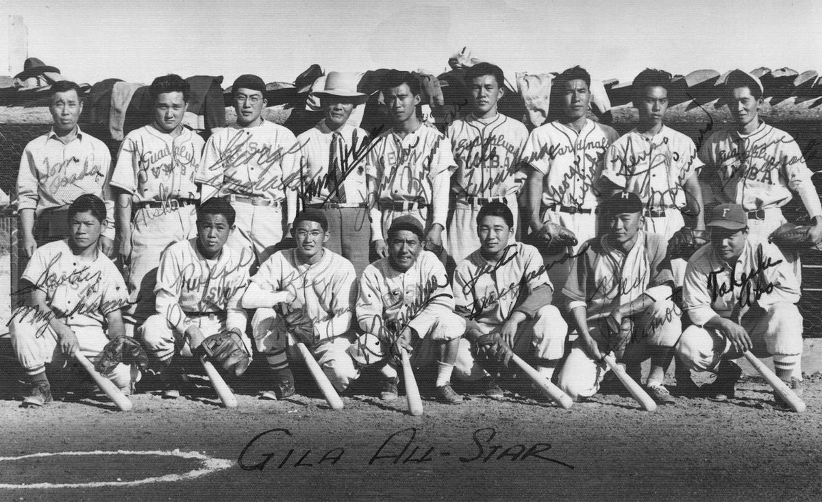 Zenimura also organized for the All-Star team at Gila River to travel around the country and play games against other teams from other Japanese Interment camps in California, Wyoming and Arkansas.This is a photo of Zenimura's Gila team before a game in Wyoming.