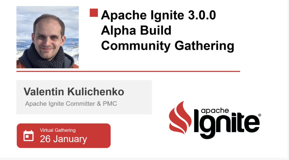 gridgain's tweet photo. "@ApacheIgnite 3.0.0 Alpha Build Community Gathering" Virtual Meetup Tuesday, January 26 8 am PT: Register at https://t.co/zN7JsRbVKT https://t.co/bFHFZGTLJ5