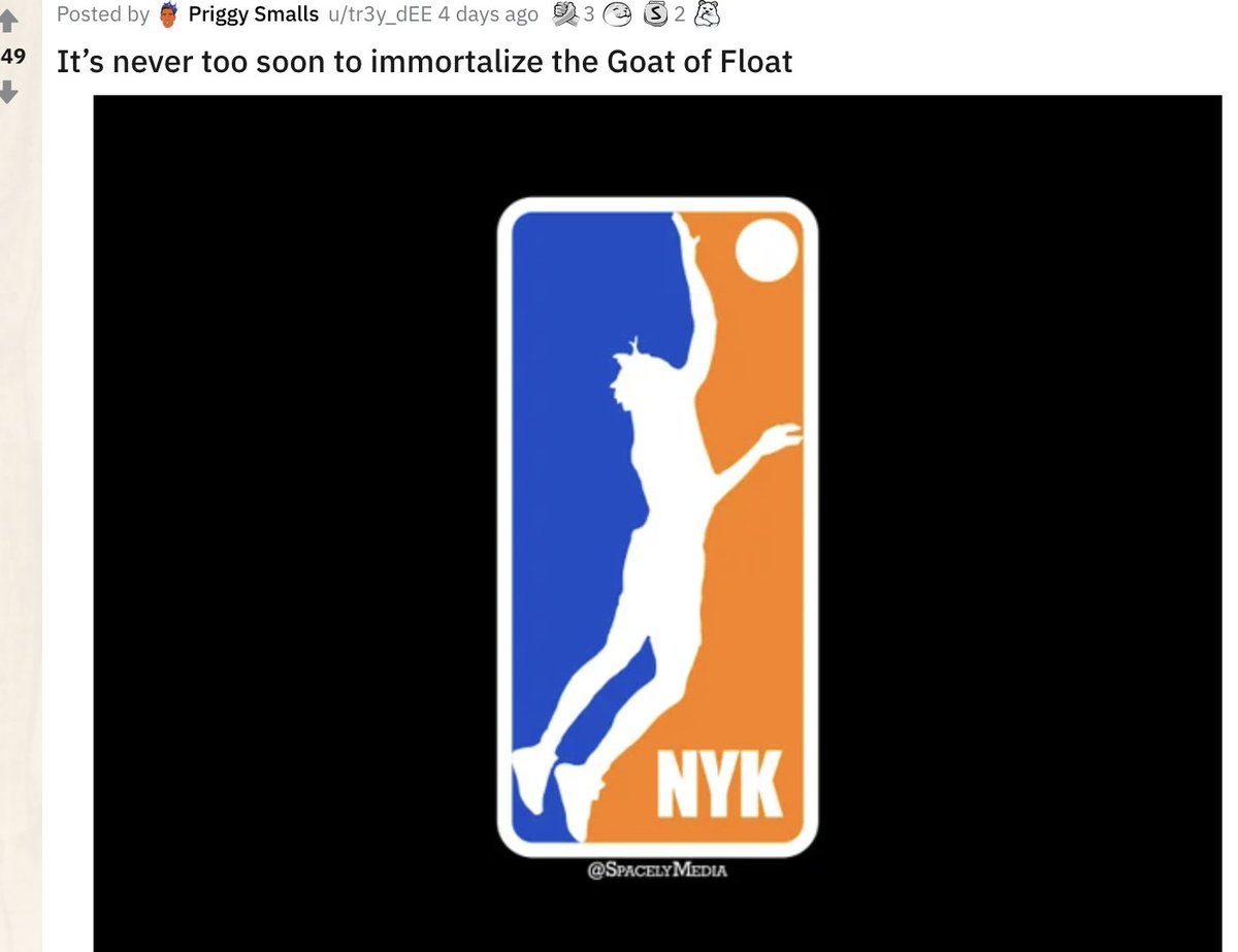 TommyBeer's tweet photo. not that Knicks Reddit if fired up about Immanuel Quickely or anything, but they simply suggest Adam Silver should change the NBA logo, and I'm not sure I disagree...
#GoatOfFloat https://t.co/XbkX7rSP69