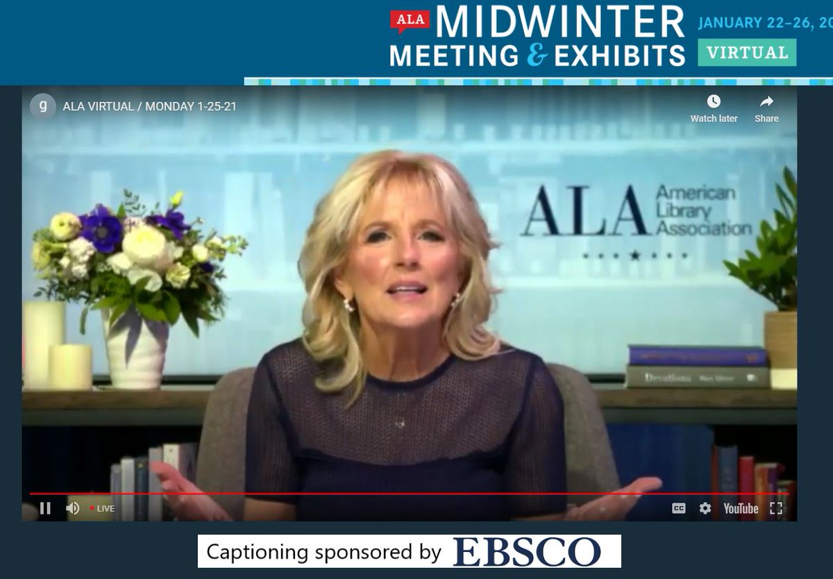 Thrilled to hear #FLOTUS <a href="/DrBiden/">Dr. Jill Biden</a> as closing keynote speaker for #ALAMW21 "Loving to read means loving to learn!" #LongwoodSLIB "When I assign papers, the library is the first place I send my students." Thanks for acknowledging librarians' key role in teaching and learning!