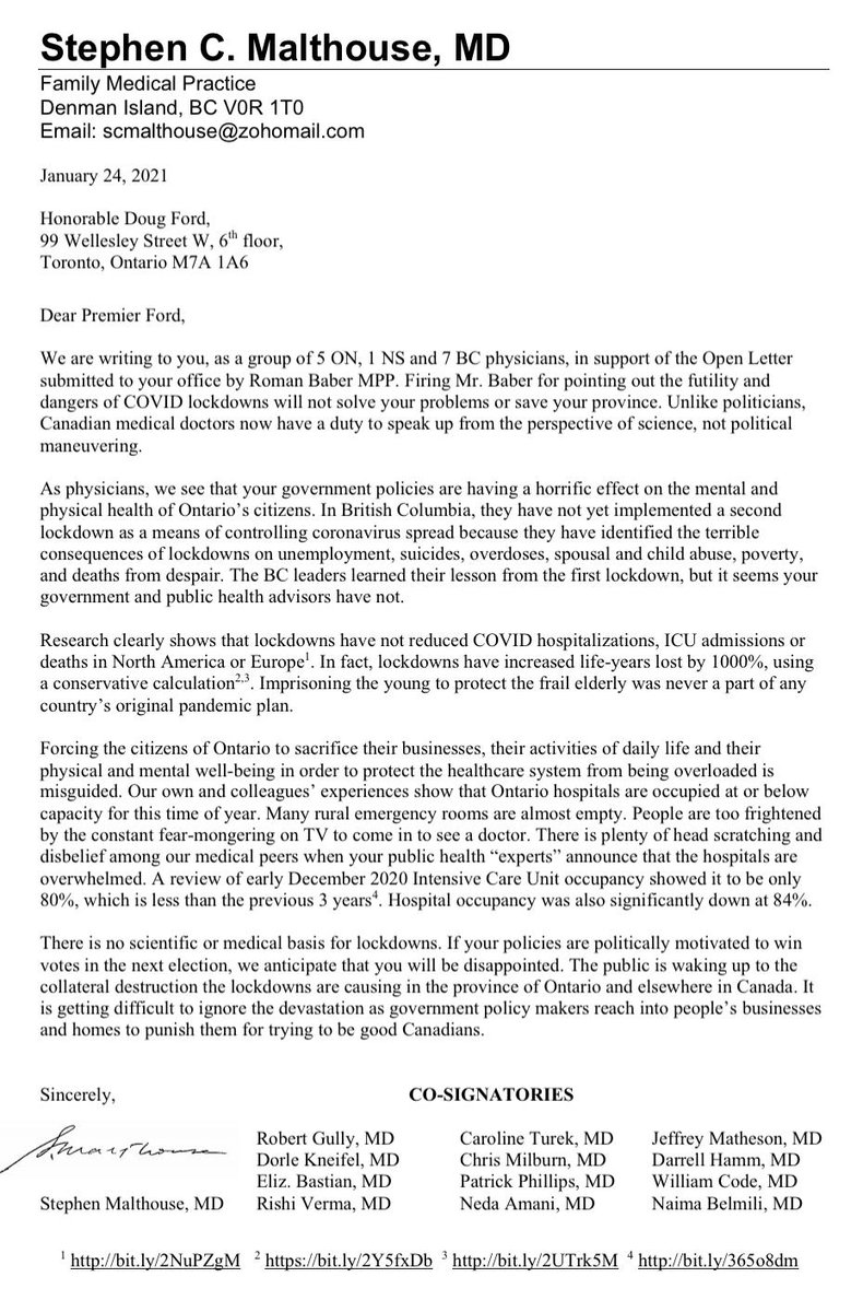Roman_Baber's tweet image. (1/2) I&apos;m thankful to a group of 13 Doctors who wrote a letter in my support to @fordnation yesterday.  They wrote that Lockdown is having a horrific effect on the physical &amp;amp; mental health of Ontarians. They cite research that Lockdowns don&apos;t reduce ICUs or deaths. Cont. #onpoli