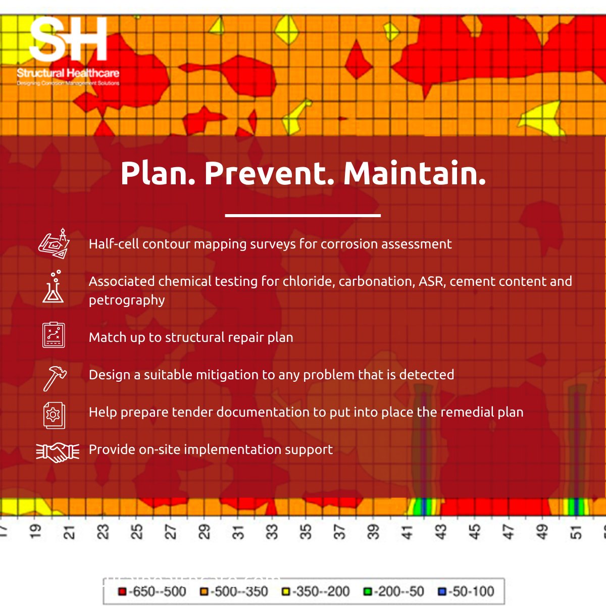Plan. Prevent. Maintain 🏢👷‍♂️To tackle #corrosion, SHL take actions such as:

🗺️Half-cell contour mapping surveys
🧪Performing associated #chemicaltesting
✏️Design a suitable mitigation
📄Help prepare tender documentation
🤝On-site implementation 
structuralhealthcare.com/plan-prevent-m…