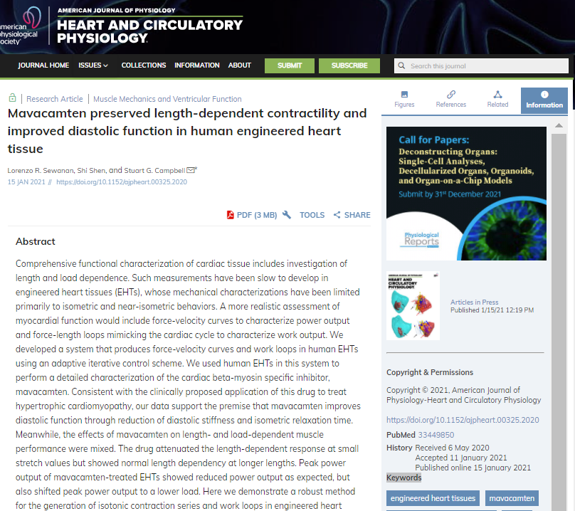 ajpheartcirc's tweet photo. #ArticlesInPress - Mavacamten preserved length-dependent contractility and improved diastolic function in human #EngineeredHeartTissue
Lorenzo R. Sewanan, Shi Shen, and Stuart G. Campbell
@YaleSEAS Yale School of Engineering & Applied Science https://t.co/0lNHZ9CCYF