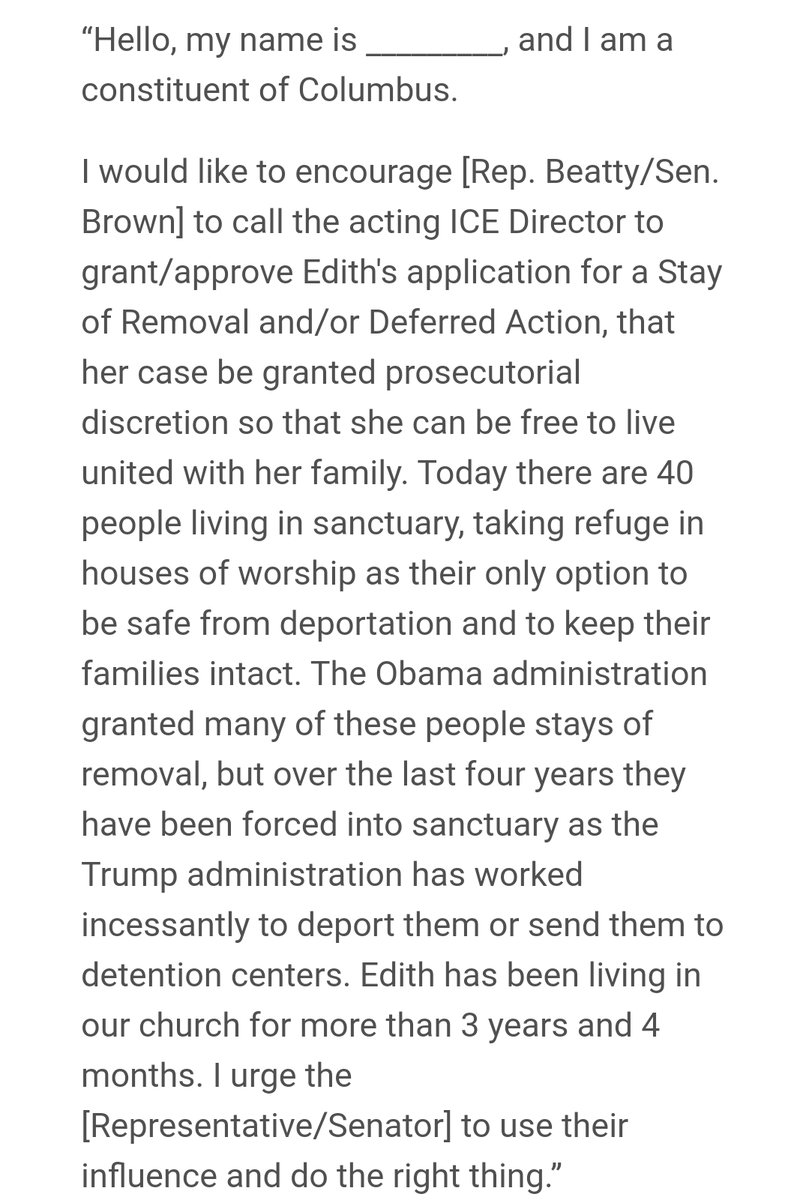 Edith Espinal, who has been living in sanctuary here since 2017, is applying for a Stay Of Removal tomorrow, and could use some phone calls to local representatives if you live in Central Ohio. Consider making calls/sharing the info.