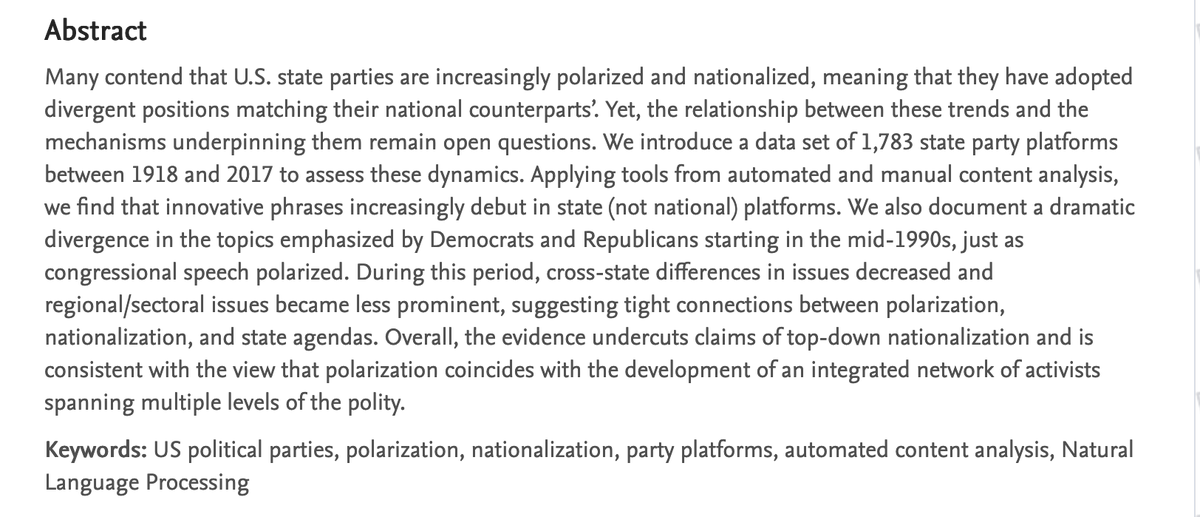 The AZ GOP's censures raise questions about polarization, nationalization, state political parties. Eric Schickler, David Azizi & I tackle those questions in a new paper analyzing 1,783 state party platforms 1918-2017:  https://papers.ssrn.com/sol3/papers.cfm?abstract_id=3772946 Here's a .  #polisciresearch  https://twitter.com/smotus/status/1353389140671250432