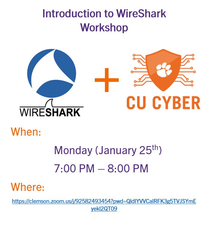CU_Cyber's tweet image. Hey Hackers! Come out to a Wireshark Workshop tonight at 7!