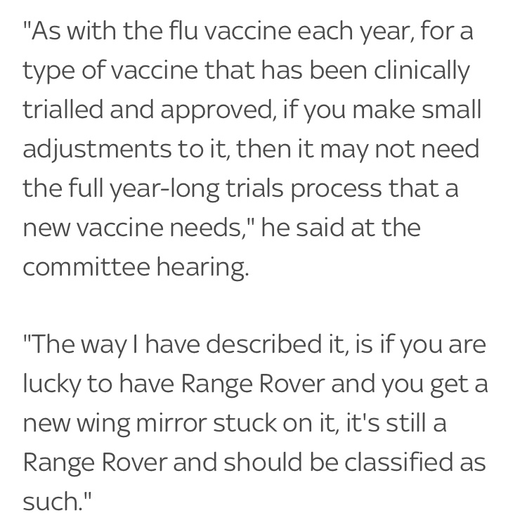 now we know mRNA vaccines are effective against Covid, we can massively speed up the trials and regulatory process for ‘Covid vaccine updates’ too, as confirmed by Matt Hancock earlier this month  https://news.sky.com/story/covid-19-matt-hancock-says-latest-lockdown-will-be-the-last-but-coronavirus-jabs-might-be-needed-every-six-months-12181677