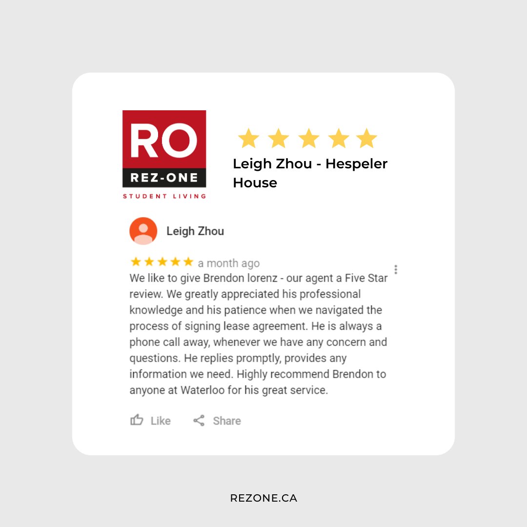 RezOneWaterloo's tweet image. Here's a recent review from a tenant at Hespeler House about one of our leasing agents! Our staff work extremely hard and are very dedicated and love to hear your feedback so be sure to leave us a review! The team is working diligently to offer you the smoothest lease signing!