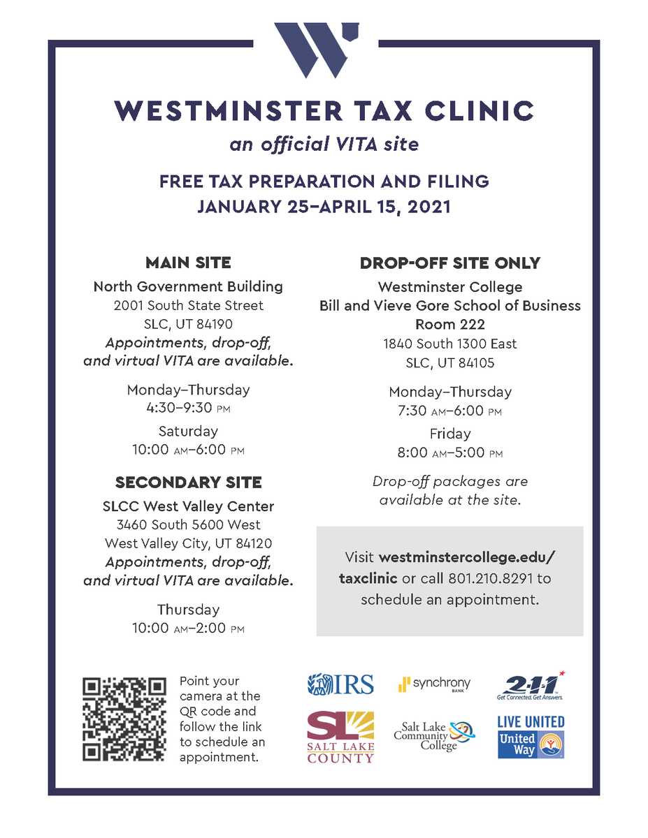 SLCoGov's tweet photo. In partnership with Westminster College, we are offering free tax assistance to residents beginning TODAY January 25th until April 15th, operating at the SLCo Government Center or on the Westminster College campus. https://t.co/Dg3eXcYjeT