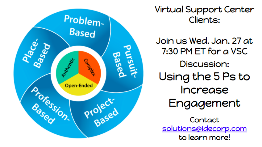 Tanya_IDE's tweet photo. Have you seen Dr @nsulla 's 5 Ps of PBL?
Join in Wed 1/27 at 7:30 PM ET for a conversation on the power of anchoring student learning with #PBL and the 5 Ps! Access the info to join on your @idecorp #VirtualLearningCommunity site or contact solutions@idecorp.com to learn how! https://t.co/N9SlXt5JNa
