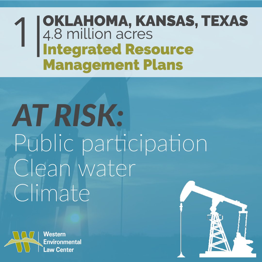 1/9: Oklahoma, Kansas, Texas Integrated Resource Management Plans - 4.8 million acres, oil and gas, OK, KS, TX*Public input*Inadequate alternatives*Water impacts*Climate impacts https://www.federalregister.gov/documents/2019/11/01/2019-23823/notice-of-availability-of-the-oklahoma-kansas-and-texas-final-joint-environmental-impact-statement