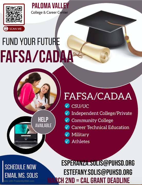 Financial Aid assistance is available. Counselors will reach out to seniors and their parents to offer assistance with the Free application. #FAFSA #CADAA #Middleclassscholarship