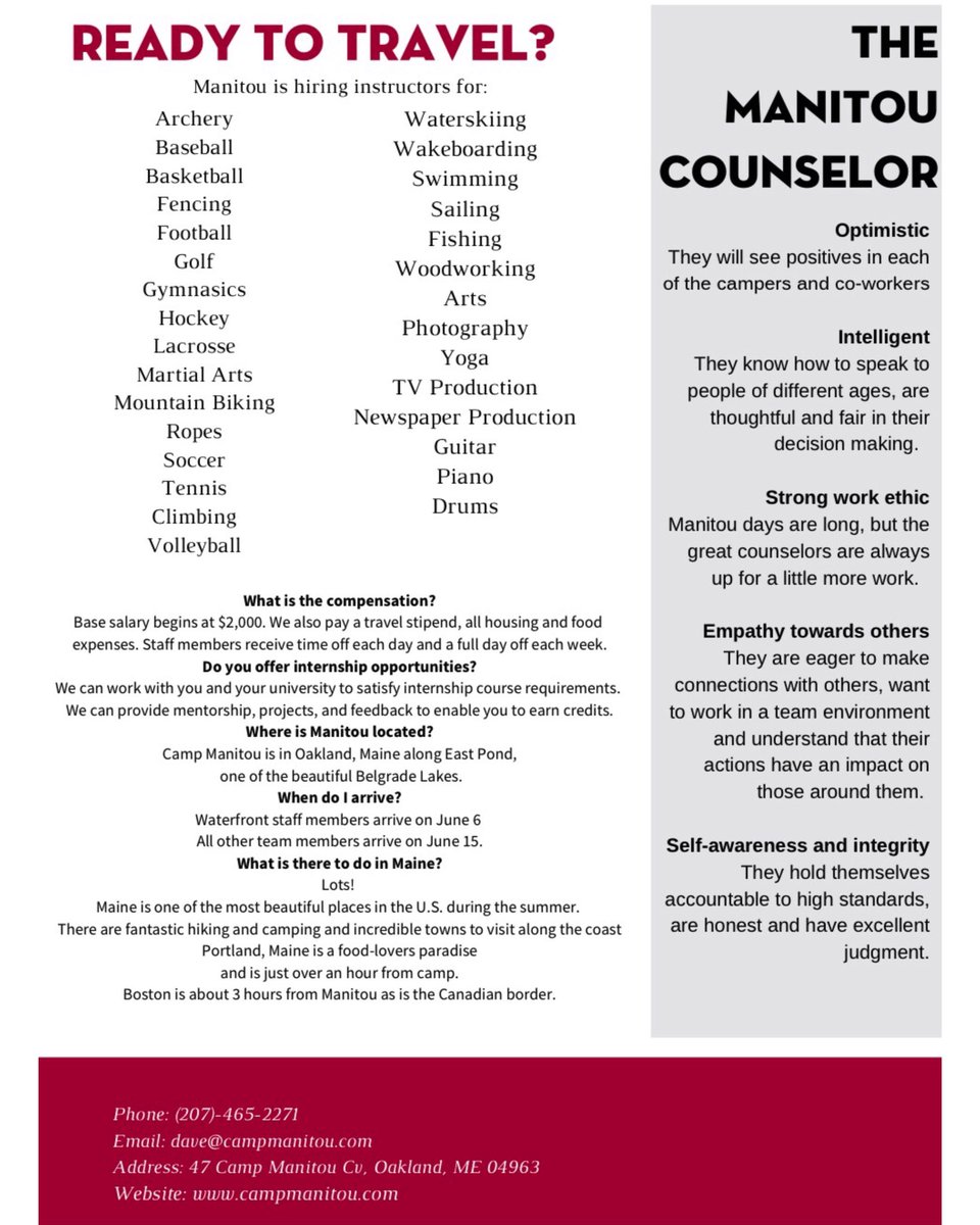 A summer job with all the summer fun!!! Students check out Camp Manitou! Contact info is on the flyer!