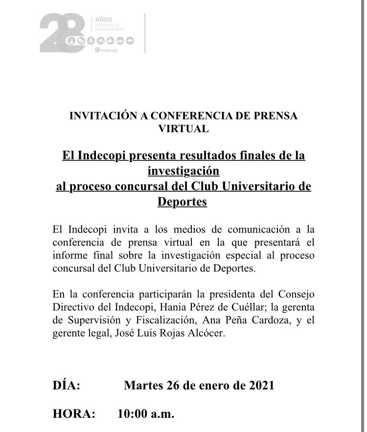 TendenciaPe's tweet photo. "Indecopi":
Porque Indecopi anunció que este martes presentará los resultados finales de la investigación al proceso concursal de Universitario de Deportes. https://t.co/Eu7ZEawCw9