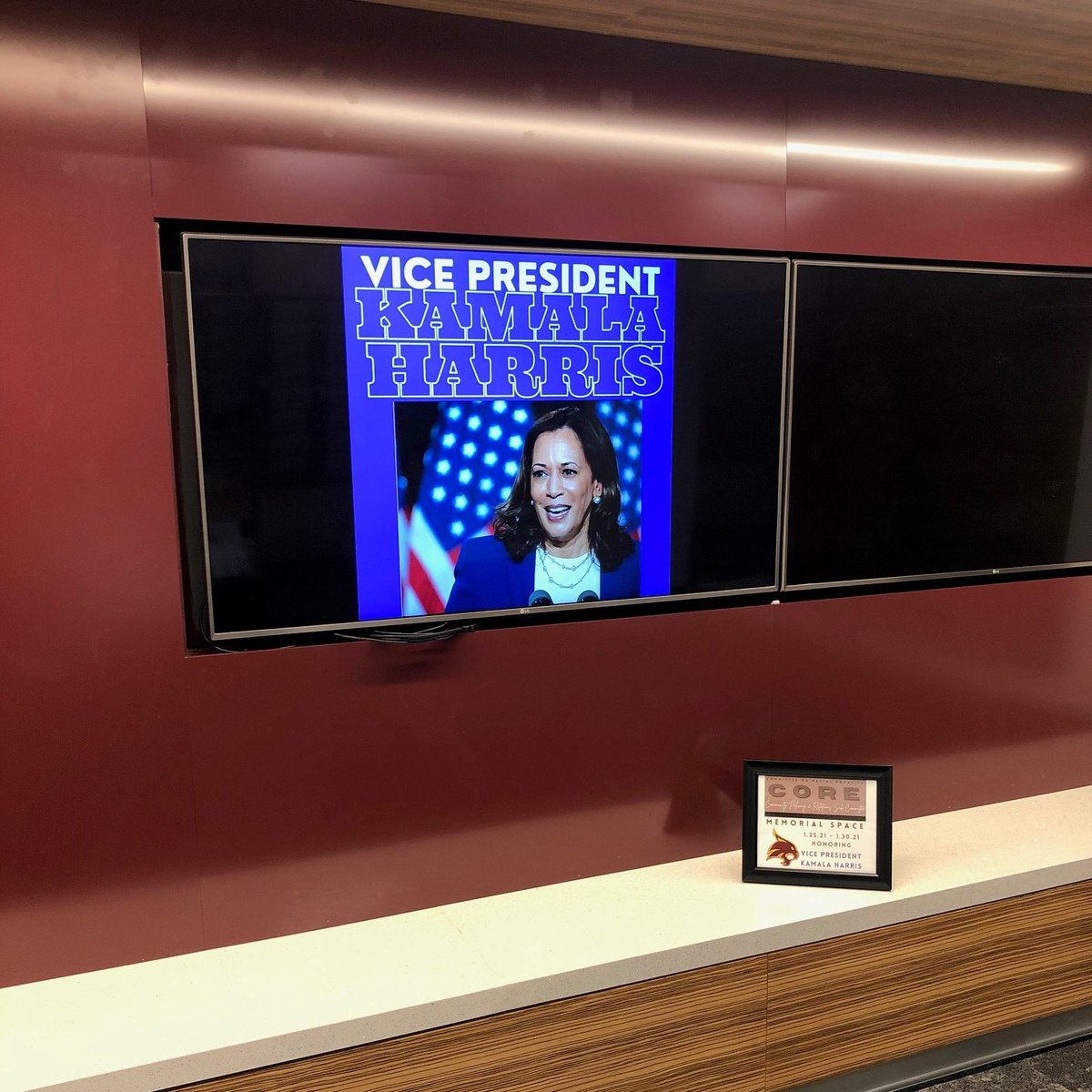 TXST_CORE's tweet image. Last week, we witnessed history when @VP Kamala Harris was sworn in as the #FirstFemale, #FirstBlack and #FirstSouthAsian Vice President of the United States.  VP Harris is featured this week on the TV in the TXST Hall of Fame on the 2nd floor of the UEC.