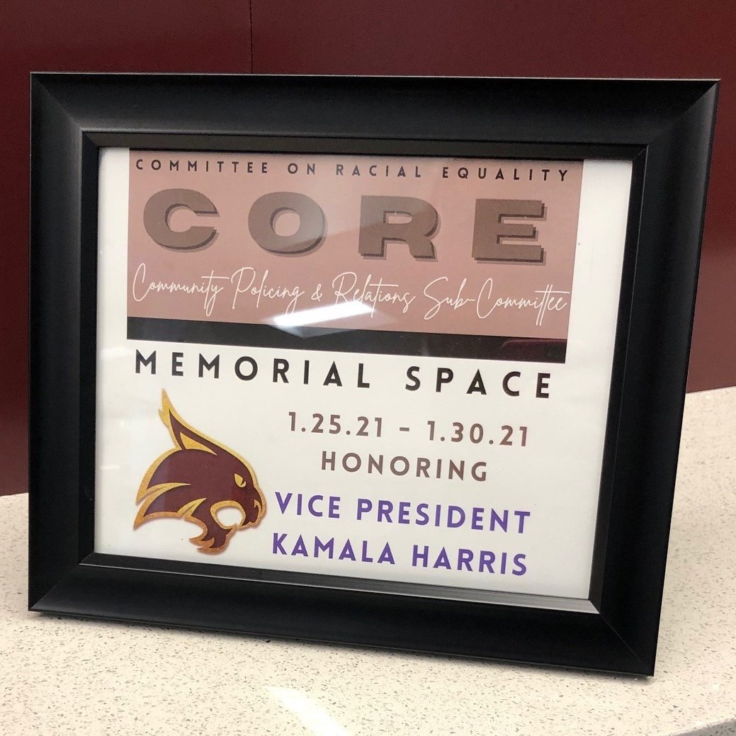 TXST_CORE's tweet image. Last week, we witnessed history when @VP Kamala Harris was sworn in as the #FirstFemale, #FirstBlack and #FirstSouthAsian Vice President of the United States.  VP Harris is featured this week on the TV in the TXST Hall of Fame on the 2nd floor of the UEC.