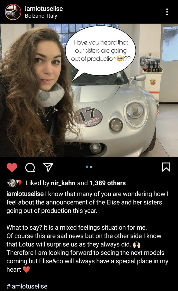 SmallBlogV8's tweet image. Elisa Artioli, after whom the Lotus Elise was named, posted a little tribute to ‘her’ car upon today&apos;s news that its life in the #Lotus lineup is ending after 25 years.

(Follow her here: instagram.com/iamlotuselise?…)