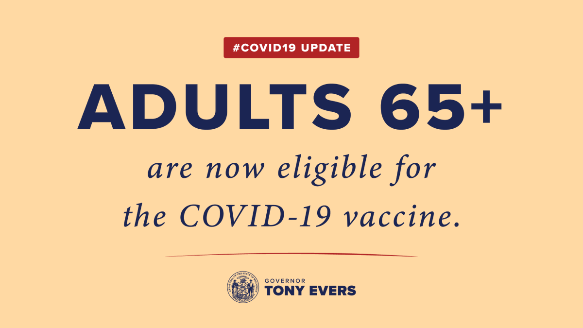 GovEvers's tweet photo. 700,000 Wisconsinites 65+ are now eligible to get the #COVID19 vaccine. That's a lot of folks, and it will take time to get to everyone, but we're working get this done as quickly as possible.  

More info ➡️ https://t.co/gKcCRb0Y9J https://t.co/oslDww8Yz2