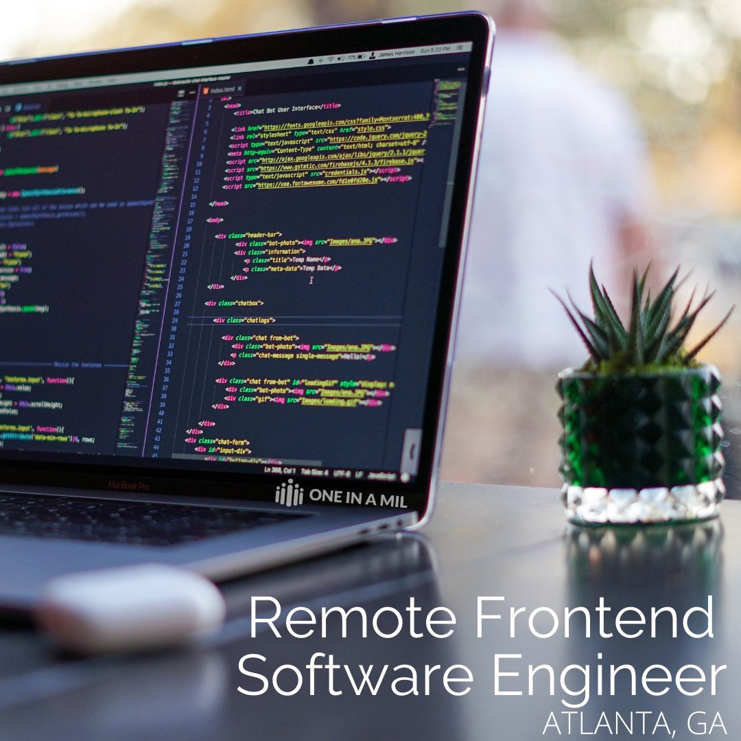 If you are a developer near Atlanta, but aren't crazy about that 75 / 85 commute in traffic... this one is for you! Apply: apply.workable.com/oneinamil/j/9E…

#oneinamil #culturedrivenrecruiting #atlanta #software #remote #frontend #softwareengineer #jobs #careers #hiring #apply