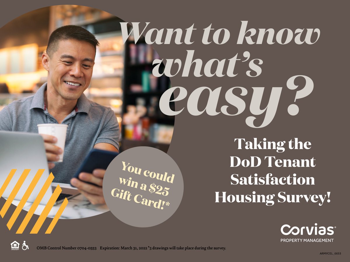 USArmyFortSill's tweet photo. The DoD Tenant Satisfaction Housing Survey is still accessible. Please take the survey by Jan 30 and let your voice be heard. Too easy! #FiresStrong #Corvias

#Values #Resiliency #ExcellenceintheFundamentals
@TRADOC @USArmy @usacac https://t.co/zw5vtzNSuQ