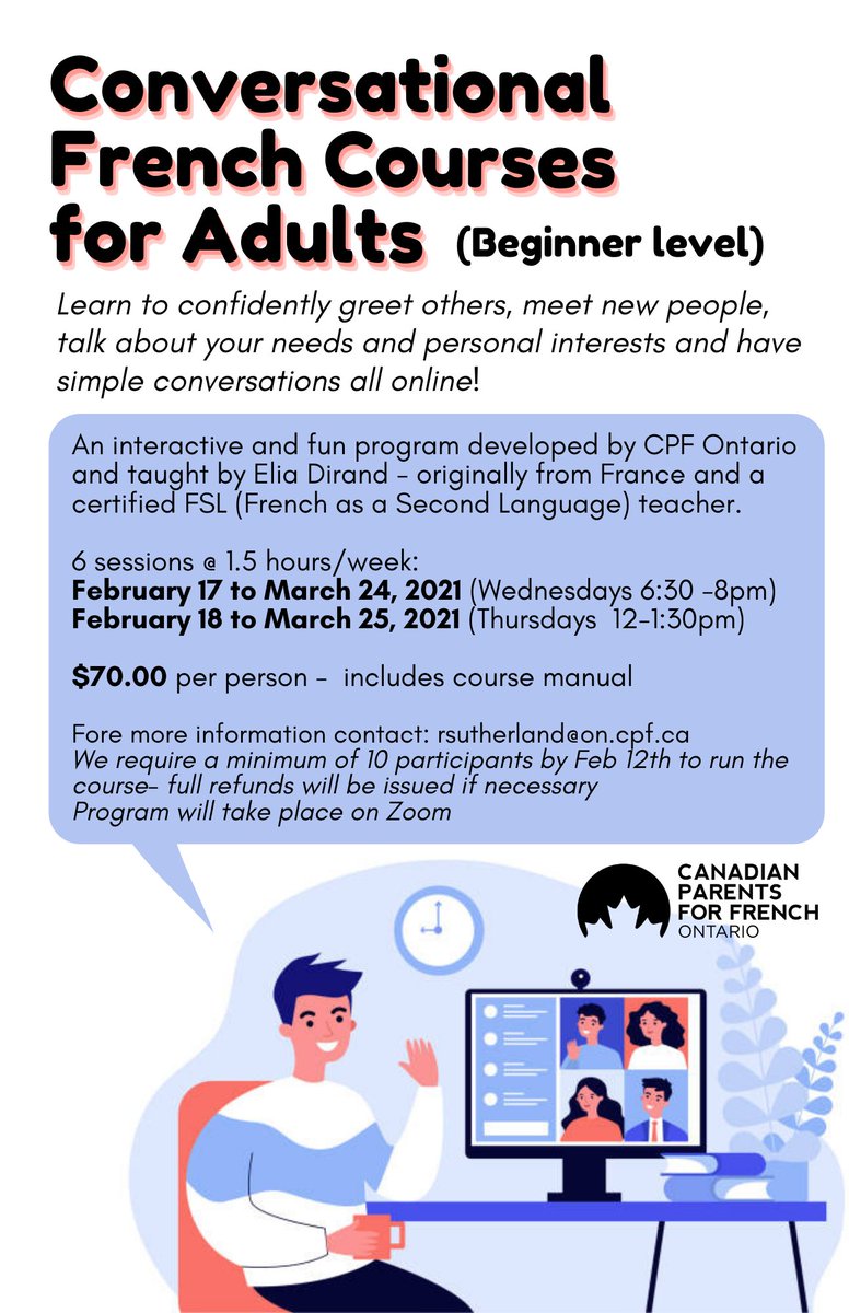 CPFontario's tweet photo. 📢CPF Ontario is offering a beginner level adult French course! 👍Learn to confidently greet others, meet new people, talk about your personal interests and have simple conversations all online. Register here: 👇https://t.co/zEb58Smc4P https://t.co/xyOXOl6wKm