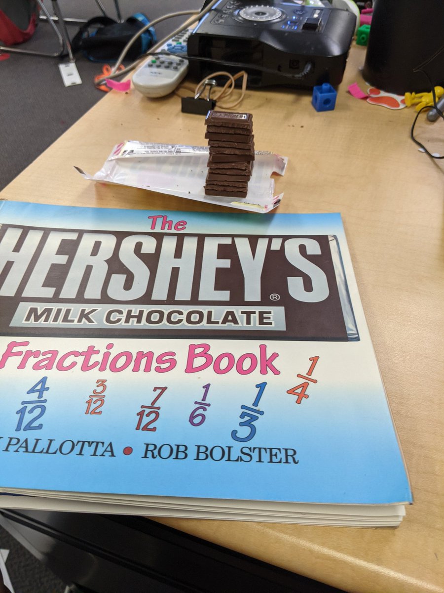 KohlersKids's tweet photo. Using Hershey bars to learn adding, subtracting, equivalent fractions, and fractions in the lowest terms. It was delicious #SpaghtIsGreat #GoSolarWithMrsKohler @Hersheys https://t.co/2VKFEdlLCd