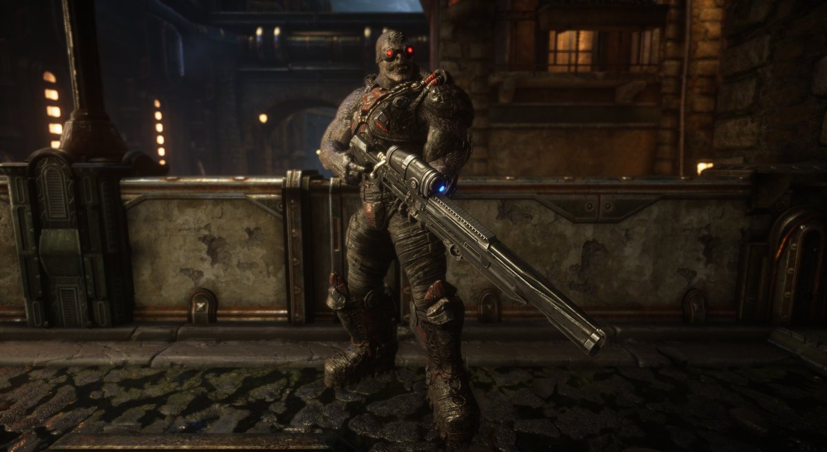 Gears of War character the Locust Sniper standing on the map River. The background is dark with brown textures. The Locust Sniper has red glowing eyes and is holding a longshot weapon.