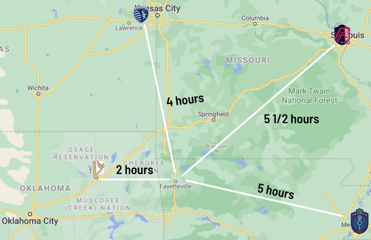 The closest pro club to NW Arkansas is FC Tulsa at 2 hours away. The area only has never had a pro club; the only pro sports team here is the MiLB NWA Naturals. This sounds similar to two well supported USL1 teams, Omaha and Madison.