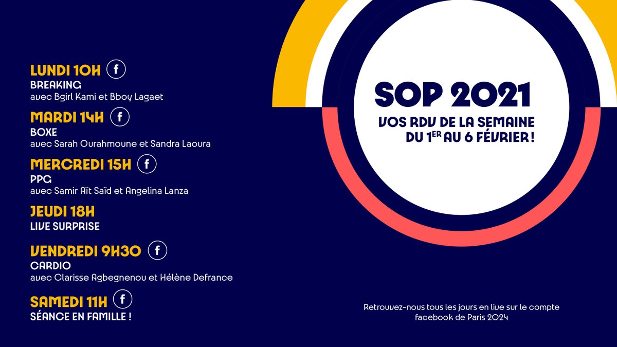 Paris 2024 (@paris2024) on Twitter photo J-7 avant la Semaine Olympique et Paralympique 🤩
Vos athlètes préférés vous donnent rendez-vous toute la semaine prochaine en live sur le Facebook de <a href="/Paris2024/">Paris 2024</a> pour bouger toujours plus 🏅
Vous pouvez encore vous inscrire : generation.paris2024.org/informations
#SOP2021 #Bougez30Minutes J-7 avant la Semaine Olympique et Paralympique 🤩
Vos athlètes préférés vous donnent rendez-vous toute la semaine prochaine en live sur le Facebook de <a href="/Paris2024/">Paris 2024</a> pour bouger toujours plus 🏅
Vous pouvez encore vous inscrire : generation.paris2024.org/informations
#SOP2021 #Bougez30Minutes