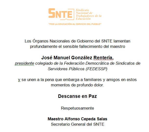 SnteNacional's tweet photo. ⚫️ Los Órganos Nacionales de Gobierno del #SNTE y su líder nacional Mtro. Alfonso Cepeda Salas, lamentan profundamente el fallecimiento del Mtro. José Manuel González Rentería ✝️ Presidente Colegiado de la @FEDESSP

◾️ Descanse en Paz 🙏 #QEPD 🕊️ https://t.co/mwtMY261Li