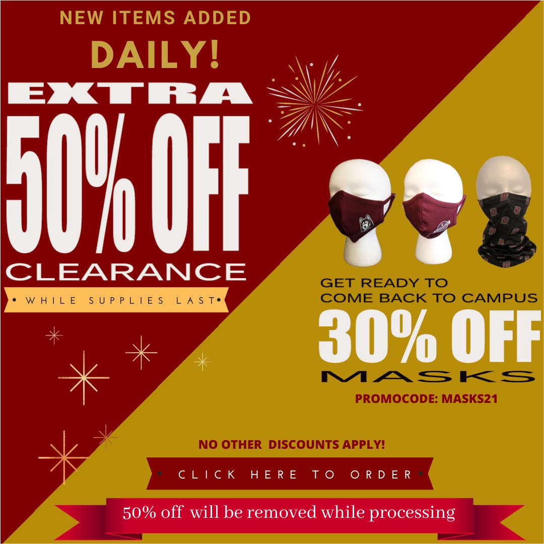BloomU_store's tweet photo. Get ready to come back to campus.
Take advantage of our 30% OFF BU Masks. Online customers must use promo code "Masks21".
Just a friendly reminder our Extra 50% OFF clearance is still going on, plus free ground shipping on orders $75.00 or more. https://t.co/Eax8xwKrFJ
