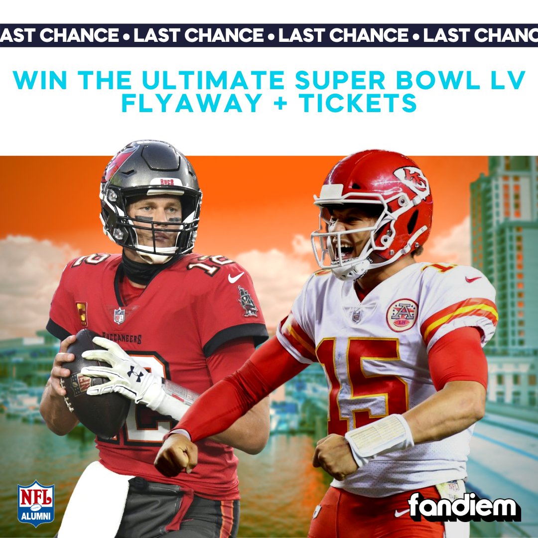 NFL Alumni (@nflalumni) on Twitter photo Witness the first time in HISTORY that a #SuperBowl team plays in their home stadium for the Big Game!
Don't miss your chance to see the <a href="/Buccaneers/">Tampa Bay Buccaneers</a> take on the <a href="/Chiefs/">Kansas City Chiefs</a> in #SuperBowlLV in Tampa.
Donate for your chance to win here: fandiem.com/superbowl Witness the first time in HISTORY that a #SuperBowl team plays in their home stadium for the Big Game!
Don't miss your chance to see the <a href="/Buccaneers/">Tampa Bay Buccaneers</a> take on the <a href="/Chiefs/">Kansas City Chiefs</a> in #SuperBowlLV in Tampa.
Donate for your chance to win here: fandiem.com/superbowl
