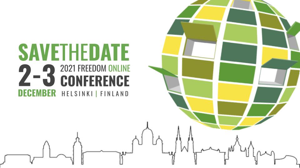 Save the Date! #FI2021FOC

<a href="/FO_Coalition/">Freedom Online Coalition</a> is excited to announce that that the 2021 Freedom Online Conference will be held from 2-3 December in Helsinki, hosted by the Government of Finland!

bit.ly/2KNmRQX