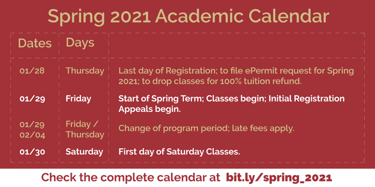 cpowellschool's tweet photo. Getting ready for this Spring semester? here are some important upcoming dates to know! 🗓️
Check https://t.co/0D9bF7UwGN to see the complete Spring 2021 academic calendar.
#SpringCalendar #UpcomingDates @CityCollegeNY https://t.co/c7a4dqTQvu