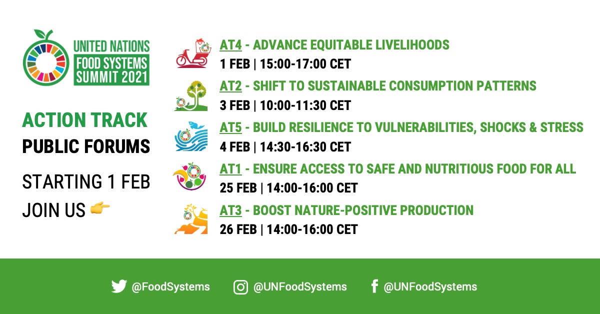 Announcing list of dates for the second UN Food Systems Summit Action Track Public Forums