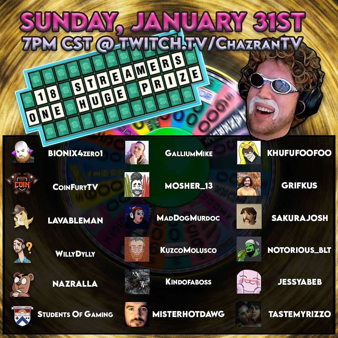 ChazranTV's tweet photo. This is the BIG ANNOUNCEMENT I have been so excited to reveal! This Sunday, I will be hosting Wheel of Chazran featuring all your favorite small streamers! Check out the streamers going head to head to win our biggest prize yet! Prizes will also be awarded to viewers 😉 https://t.co/r3TGPiLdm5