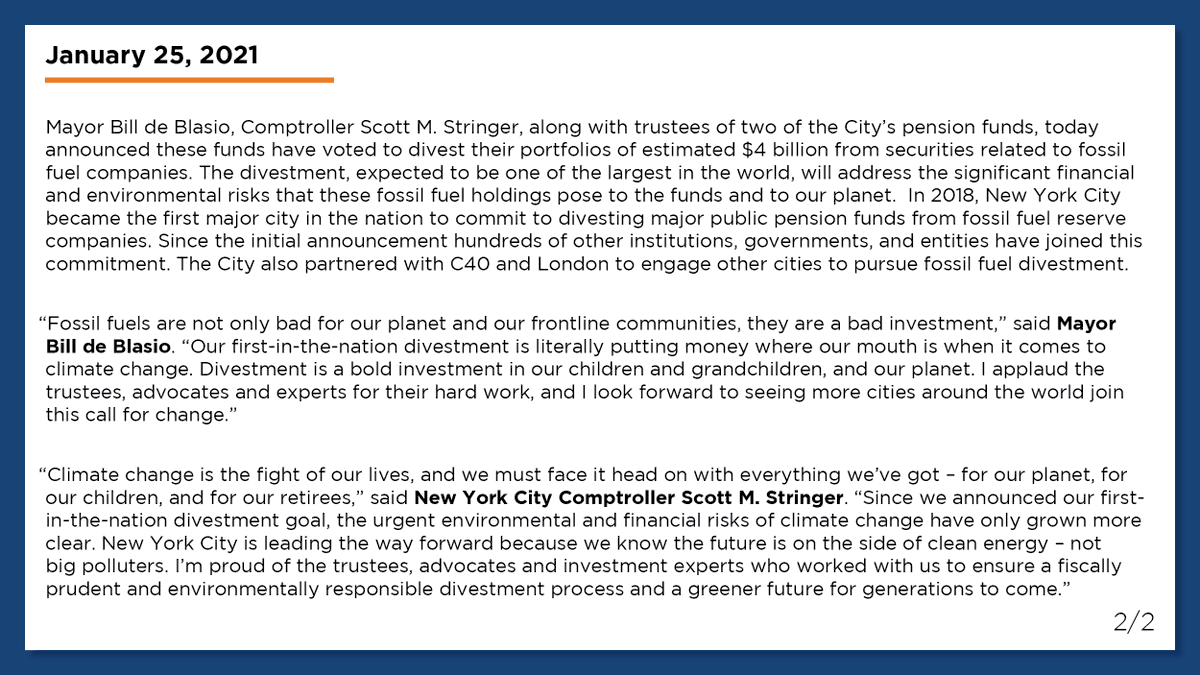 nycgov's tweet image. Fossil Fuels have no place in our future. Today @NYCMayor  and @NYCComptroller announced a $4 BILLION dollar divestment from securities related to fossil fuel companies. We’re proud to lead the world in the fight for a green new future for all.