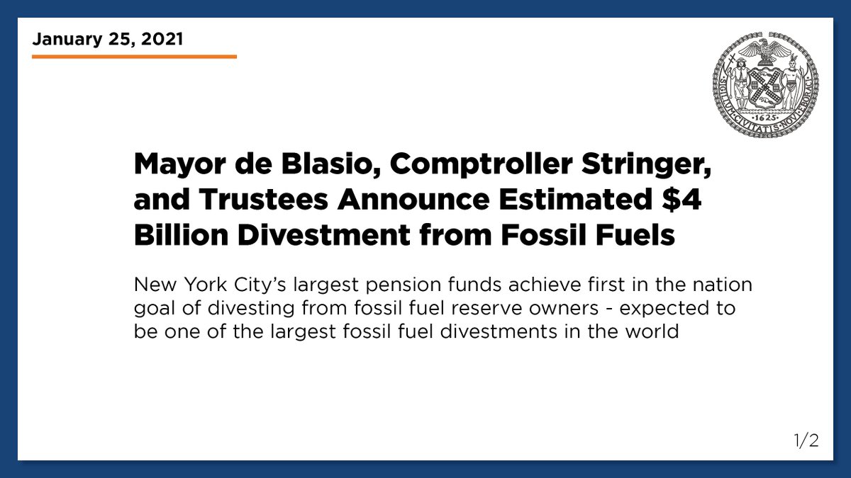 nycgov's tweet image. Fossil Fuels have no place in our future. Today @NYCMayor  and @NYCComptroller announced a $4 BILLION dollar divestment from securities related to fossil fuel companies. We’re proud to lead the world in the fight for a green new future for all.