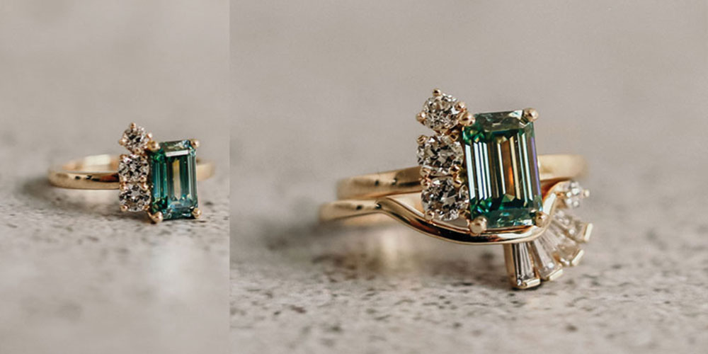 Barakagems's tweet photo. Our latest custom designed project: a colored #moissanite and #diamond ring paired with a custom baguette cut diamond yellow gold band. We dream in color. Contact us for your next #engagementring project. #BarakaGems https://t.co/4KHVrPpOYd
