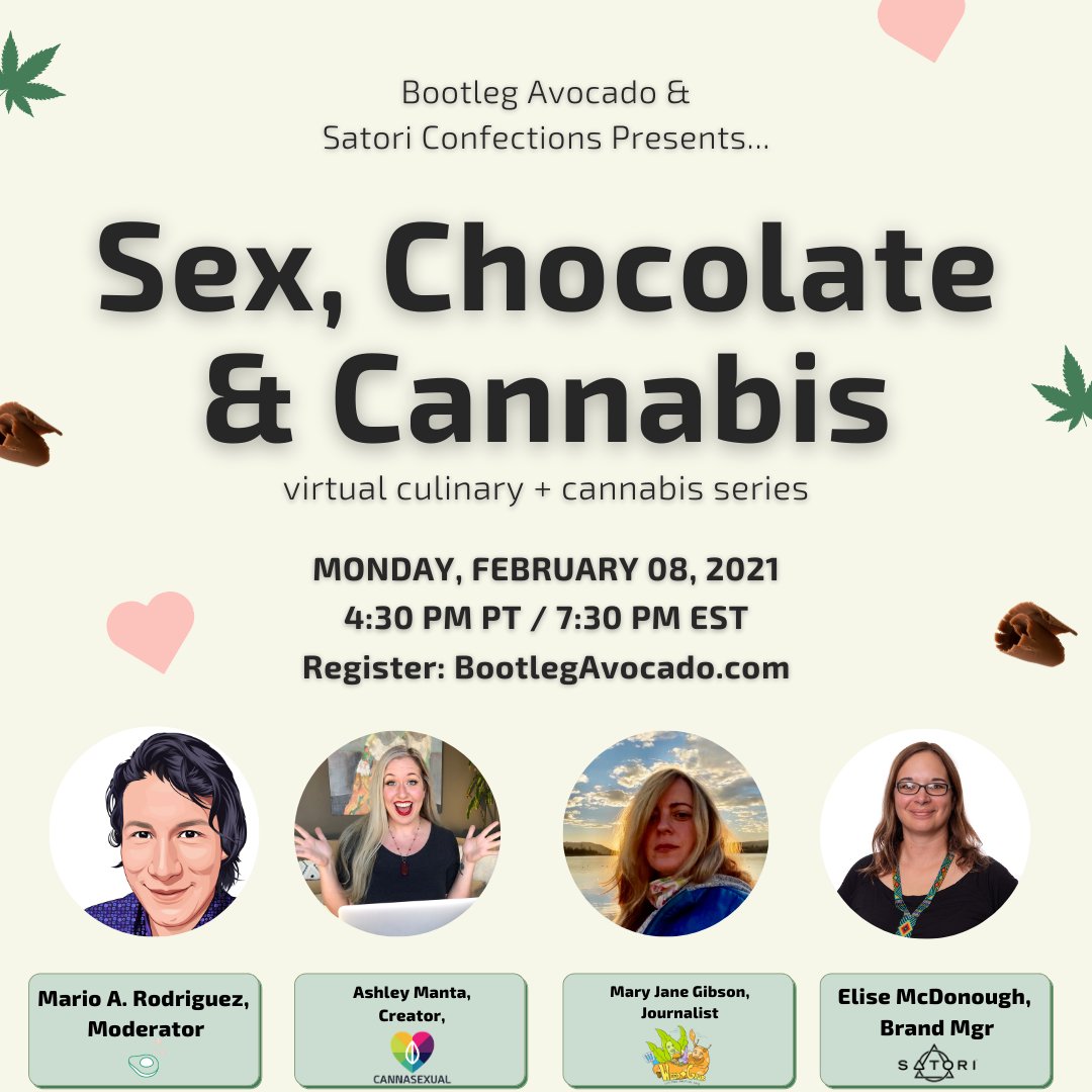 Just in time for Valentine's Day! Join Satori and <a href="/BootlegAvocado/">Bootleg Avocado L.L.C.</a> for a virtual event: Sex, Chocolate &amp; Cannabis ♥️ 🍫 🌱 With our best buds <a href="/thisismaryjane_/">Mary Jane</a>, <a href="/TheCannasexual/">Ashley Manta (like Santa)</a>, and our own brand manager <a href="/EliseMcD420/">Elise McD</a>. Register at: fal.cn/3cXpG