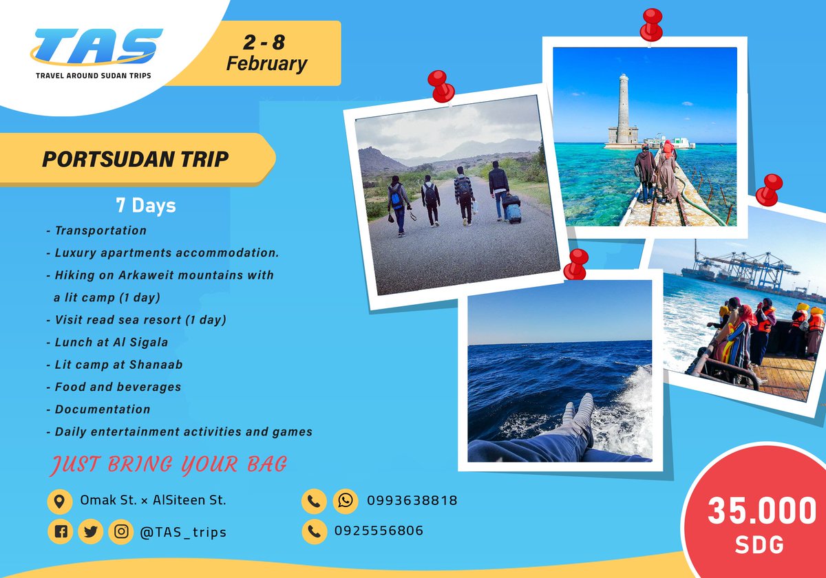 Portsudan offers are Here 💕
Mid winter in Portsudan 🚢🌅
Tickets available Now 🔥🔥
7 days for only 35.000 SDG